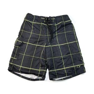 Ocean Pacific Board Shorts Mens Medium Swim Trunks Black‎ Check Cargo Pocket OP